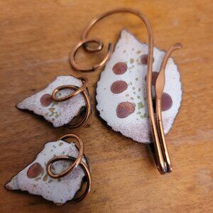 Vintage Matisse Renoir Copper & Enamel Leaf Brooch & Clip-On Earrings Set